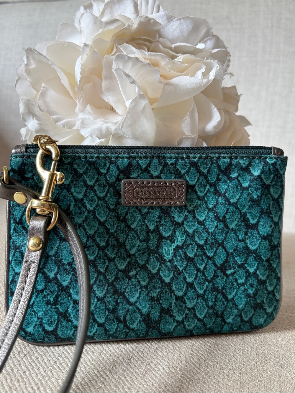 Coach Taylor Snake Print Small Wristlet Teal Emerald Green Python Gold Clip